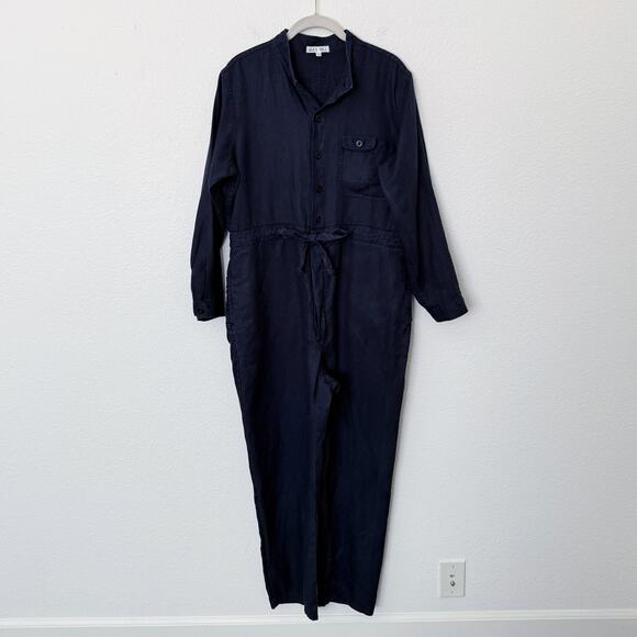 [Alex Mill] Navy Blue 100% Linen Logan Straight Leg Tie Waist Jumpsuit Sz Large - Picture 2 of 11